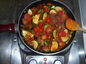 My pan of ratatouille simmering away. This time I used 100g cherry tomatoes and a small can of tomato sauce, no peppers, and lots of Herbes de Provence. Next time I'll use less Herbes, and chopped tomatoes instead of sauce, both flavors were just a little too strong.